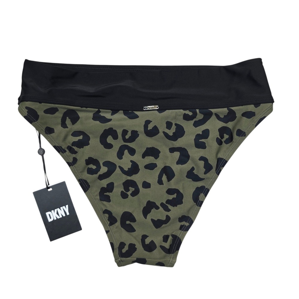 DKNY Womens Olive Green Leopard Print High Waist Bikini Bottoms Large NWT